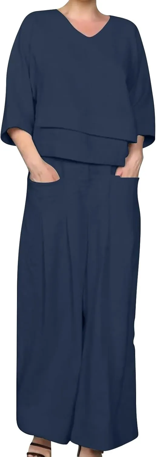 Summer Linen Sets for Women 2 Piece Linen Suit Pants Two Piece Long Sleeve Maxi Dress and Wide Leg Pant Set Outfits