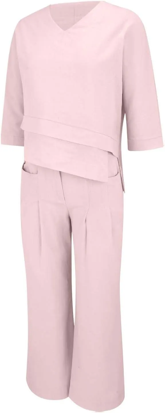 Summer Linen Sets for Women 2 Piece Linen Suit Pants Two Piece Long Sleeve Maxi Dress and Wide Leg Pant Set Outfits