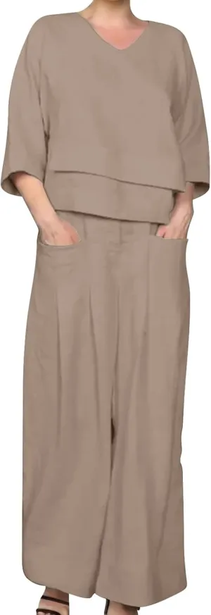 Summer Linen Sets for Women 2 Piece Linen Suit Pants Two Piece Long Sleeve Maxi Dress and Wide Leg Pant Set Outfits