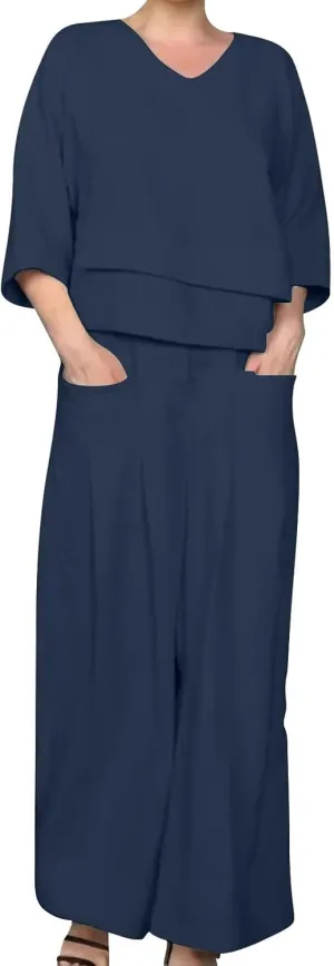 Summer Linen Sets for Women 2 Piece Linen Suit Pants Two Piece Long Sleeve Maxi Dress and Wide Leg Pant Set Outfits