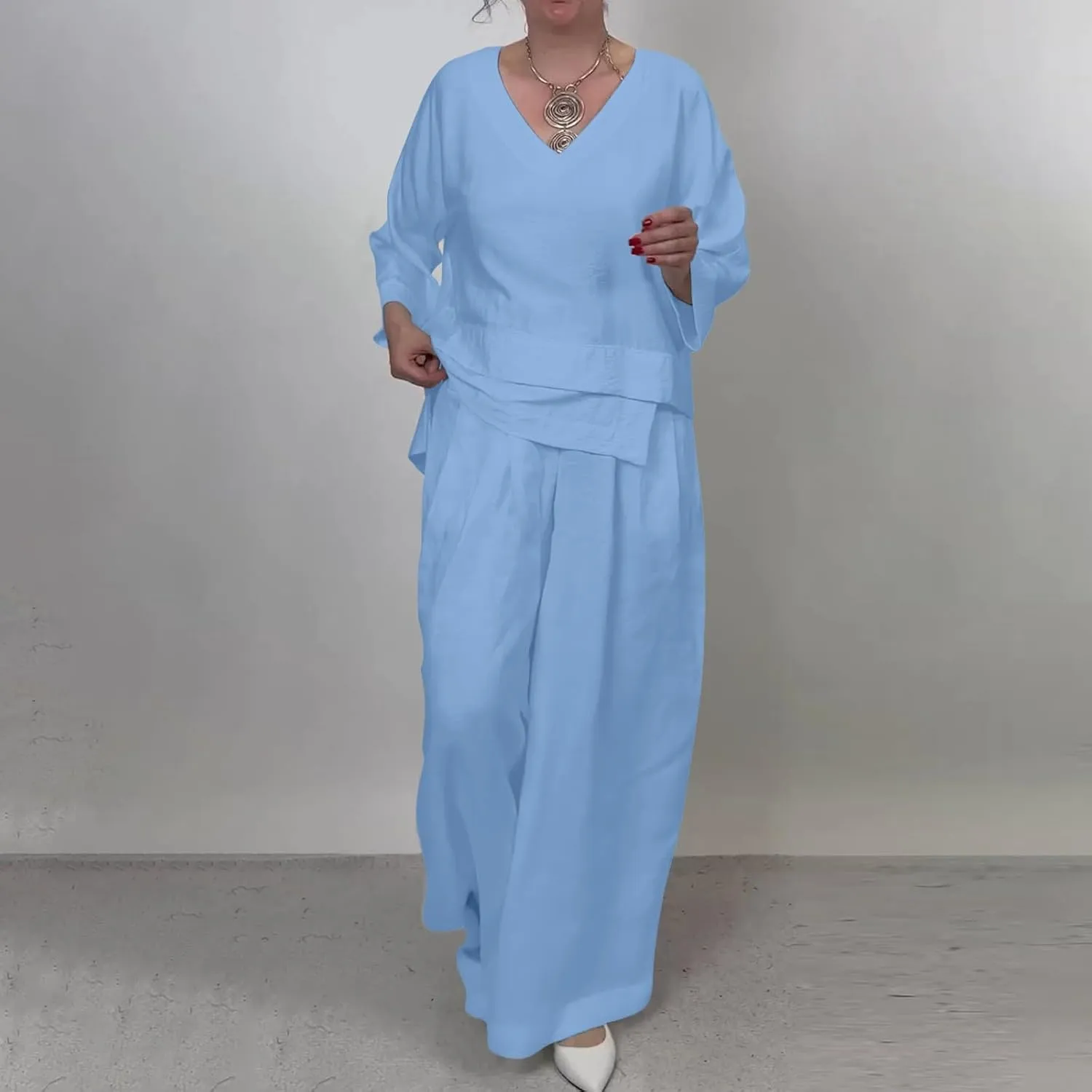 Summer Linen Sets for Women 2 Piece Linen Suit Pants Two Piece Long Sleeve Maxi Dress and Wide Leg Pant Set Outfits