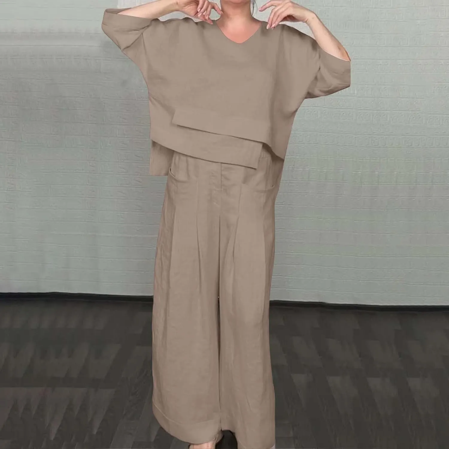 Summer Linen Sets for Women 2 Piece Linen Suit Pants Two Piece Long Sleeve Maxi Dress and Wide Leg Pant Set Outfits