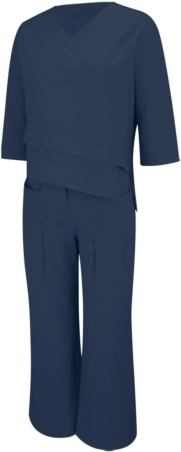 Summer Linen Sets for Women 2 Piece Linen Suit Pants Two Piece Long Sleeve Maxi Dress and Wide Leg Pant Set Outfits