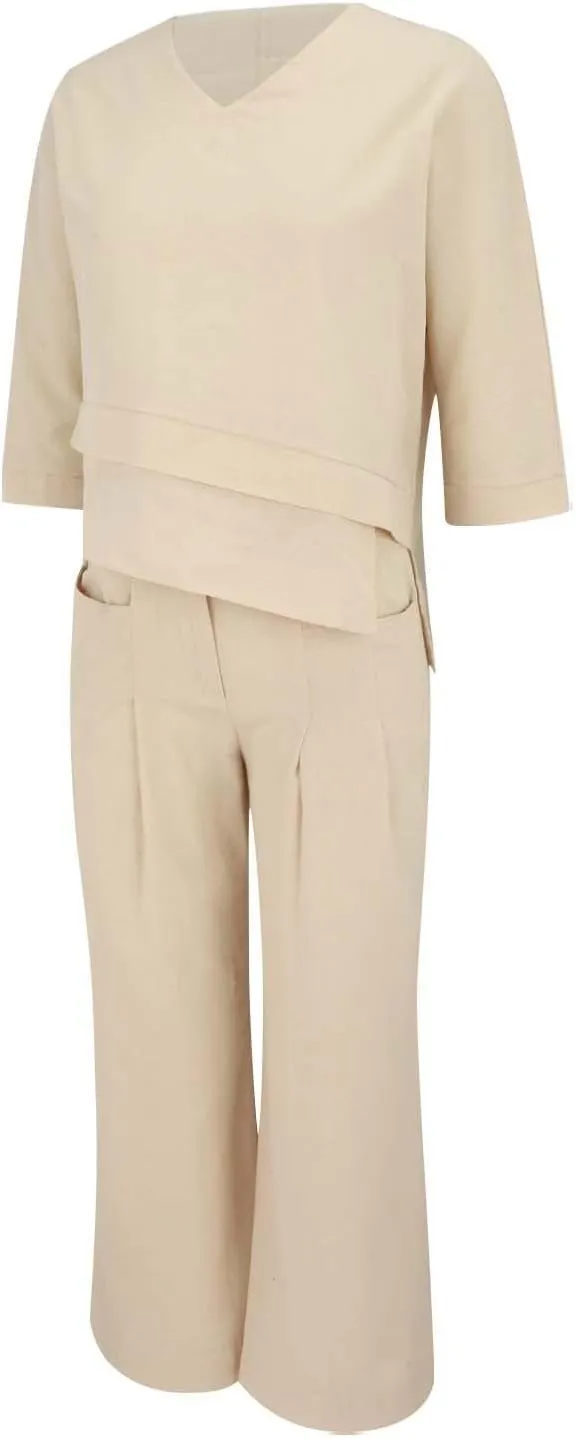 Summer Linen Sets for Women 2 Piece Linen Suit Pants Two Piece Long Sleeve Maxi Dress and Wide Leg Pant Set Outfits