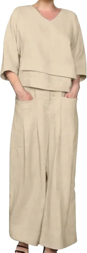 Summer Linen Sets for Women 2 Piece Linen Suit Pants Two Piece Long Sleeve Maxi Dress and Wide Leg Pant Set Outfits
