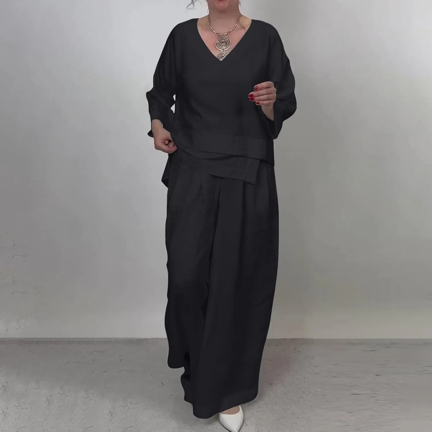 Summer Linen Sets for Women 2 Piece Linen Suit Pants Two Piece Long Sleeve Maxi Dress and Wide Leg Pant Set Outfits