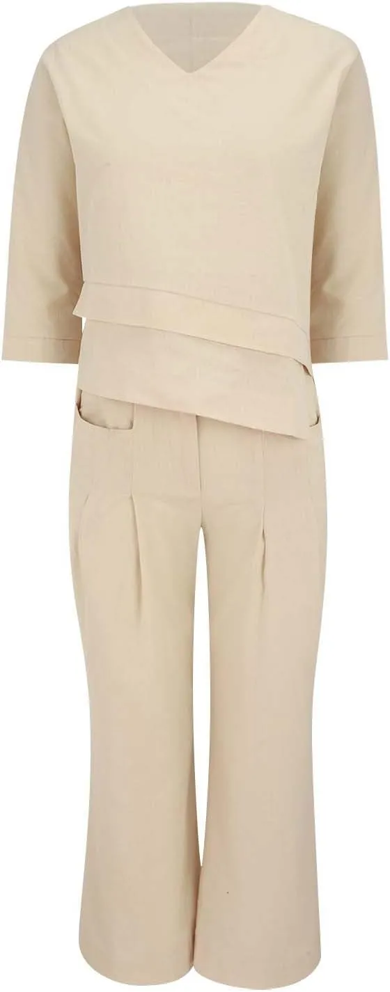 Summer Linen Sets for Women 2 Piece Linen Suit Pants Two Piece Long Sleeve Maxi Dress and Wide Leg Pant Set Outfits