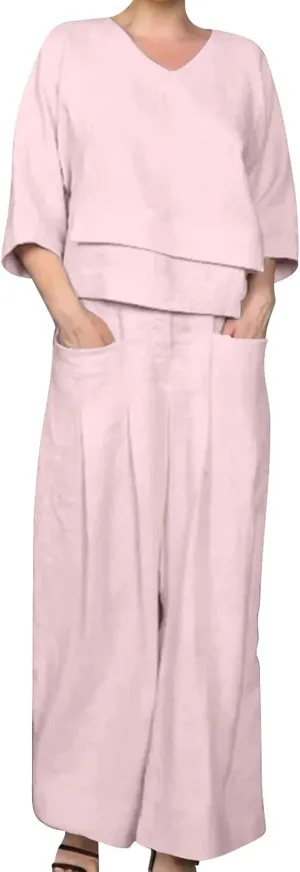 Summer Linen Sets for Women 2 Piece Linen Suit Pants Two Piece Long Sleeve Maxi Dress and Wide Leg Pant Set Outfits