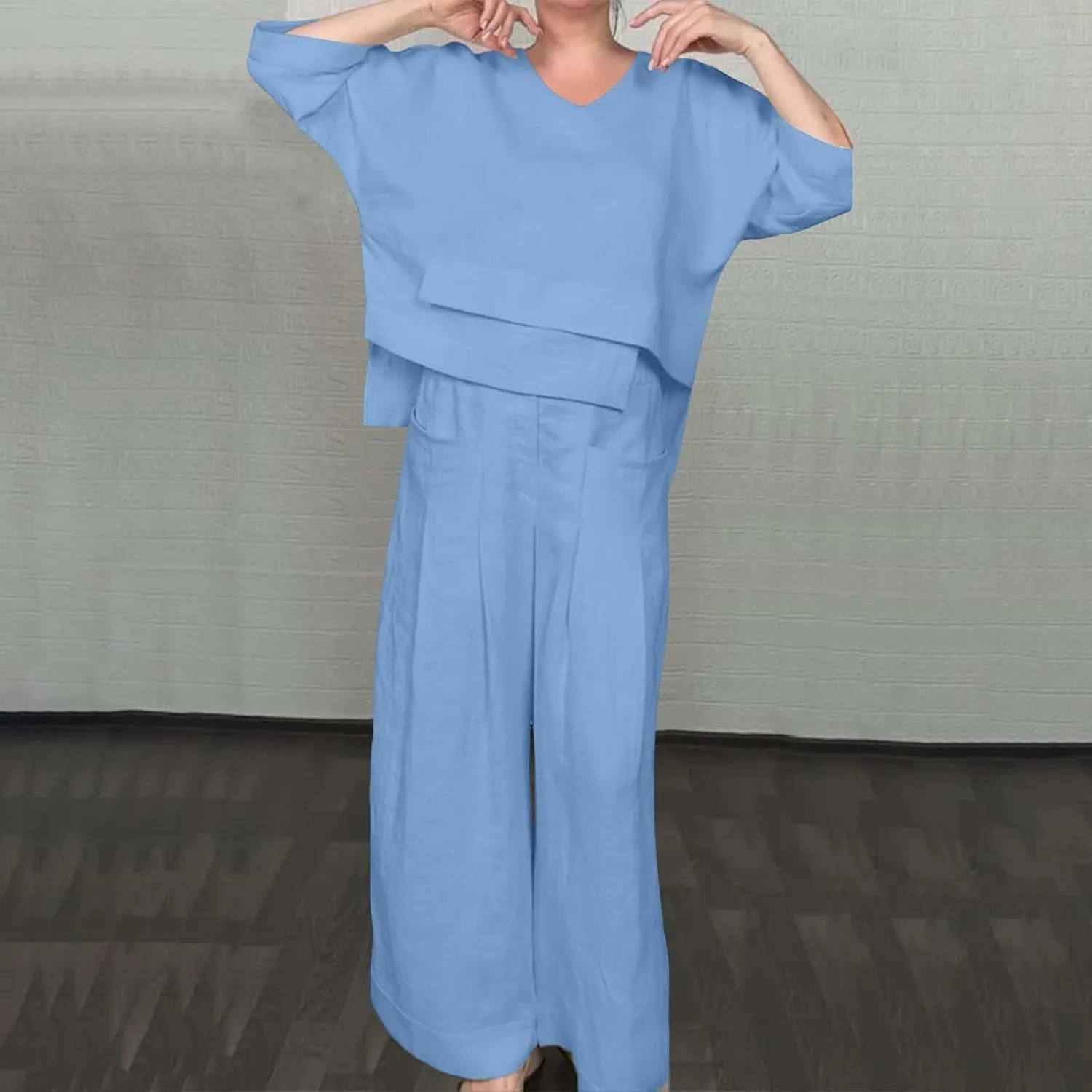 Summer Linen Sets for Women 2 Piece Linen Suit Pants Two Piece Long Sleeve Maxi Dress and Wide Leg Pant Set Outfits