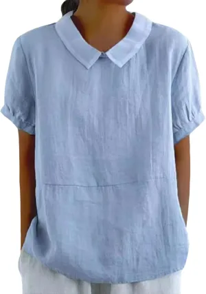 Summer Linen Shirts for Womens Short Sleeve Casual Stand Collared Work Blouse Tunic Tops