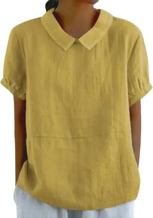 Summer Linen Shirts for Womens Short Sleeve Casual Stand Collared Work Blouse Tunic Tops