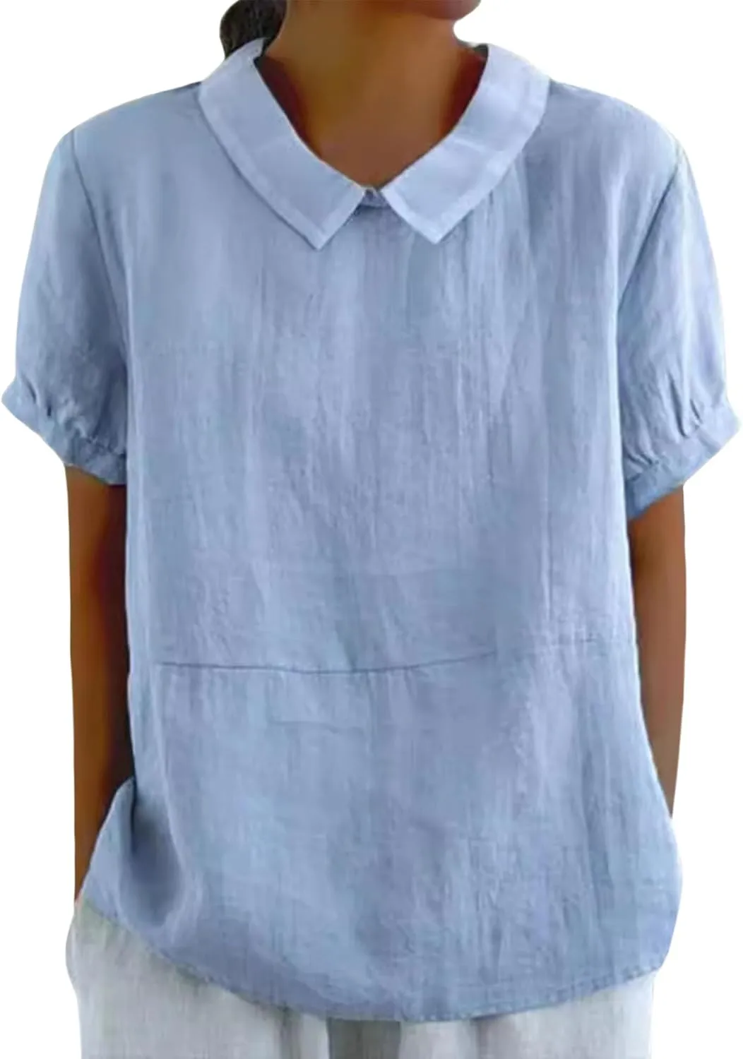 Summer Linen Shirts for Womens Short Sleeve Casual Stand Collared Work Blouse Tunic Tops