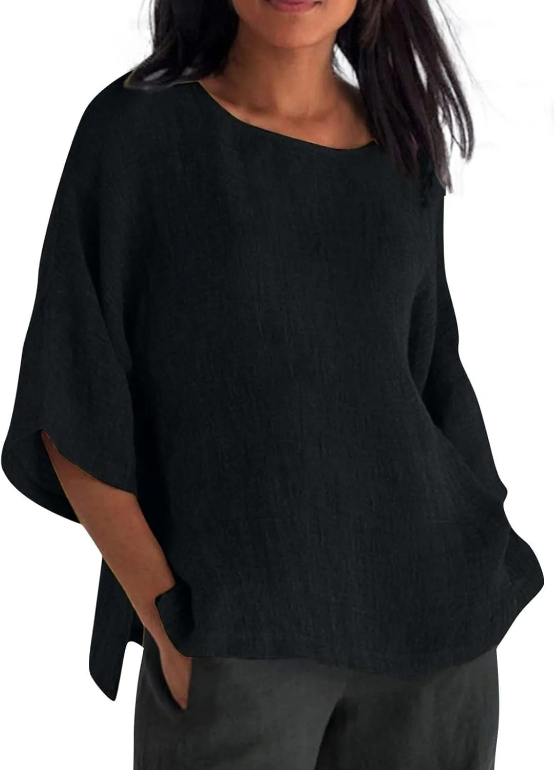 Summer Solid Linen Shirts for Womens Cotton Linen Shirt Casual 3/4 Sleeve Solid Color Crewneck Tunic Tops Beach Blouse