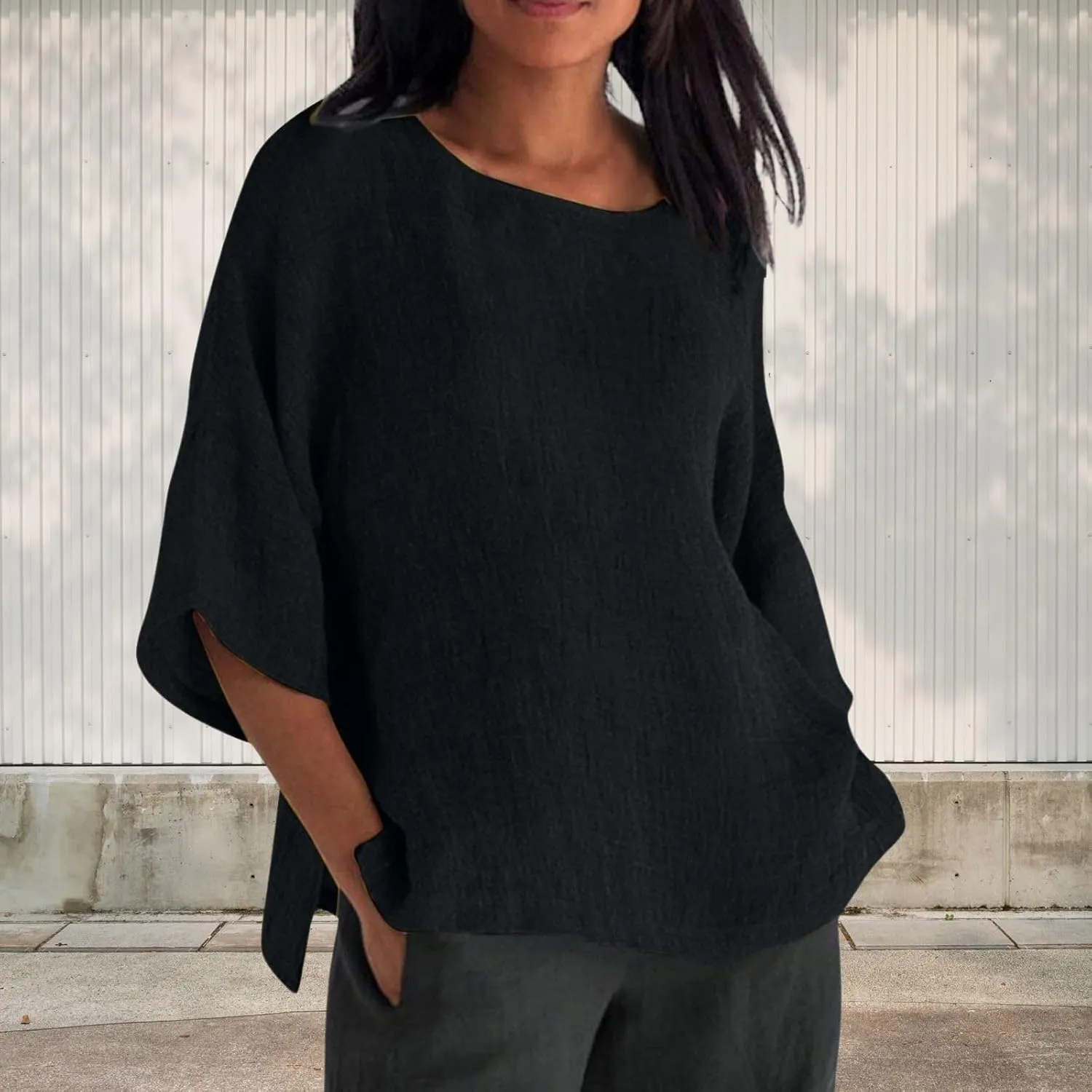 Summer Solid Linen Shirts for Womens Cotton Linen Shirt Casual 3/4 Sleeve Solid Color Crewneck Tunic Tops Beach Blouse
