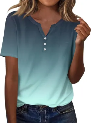Summer Tops for Women 2025 Trendy Plain V Neck Button Down Tshirts Casual Floral Tropical Empire Waist Short Sleeve Shirts