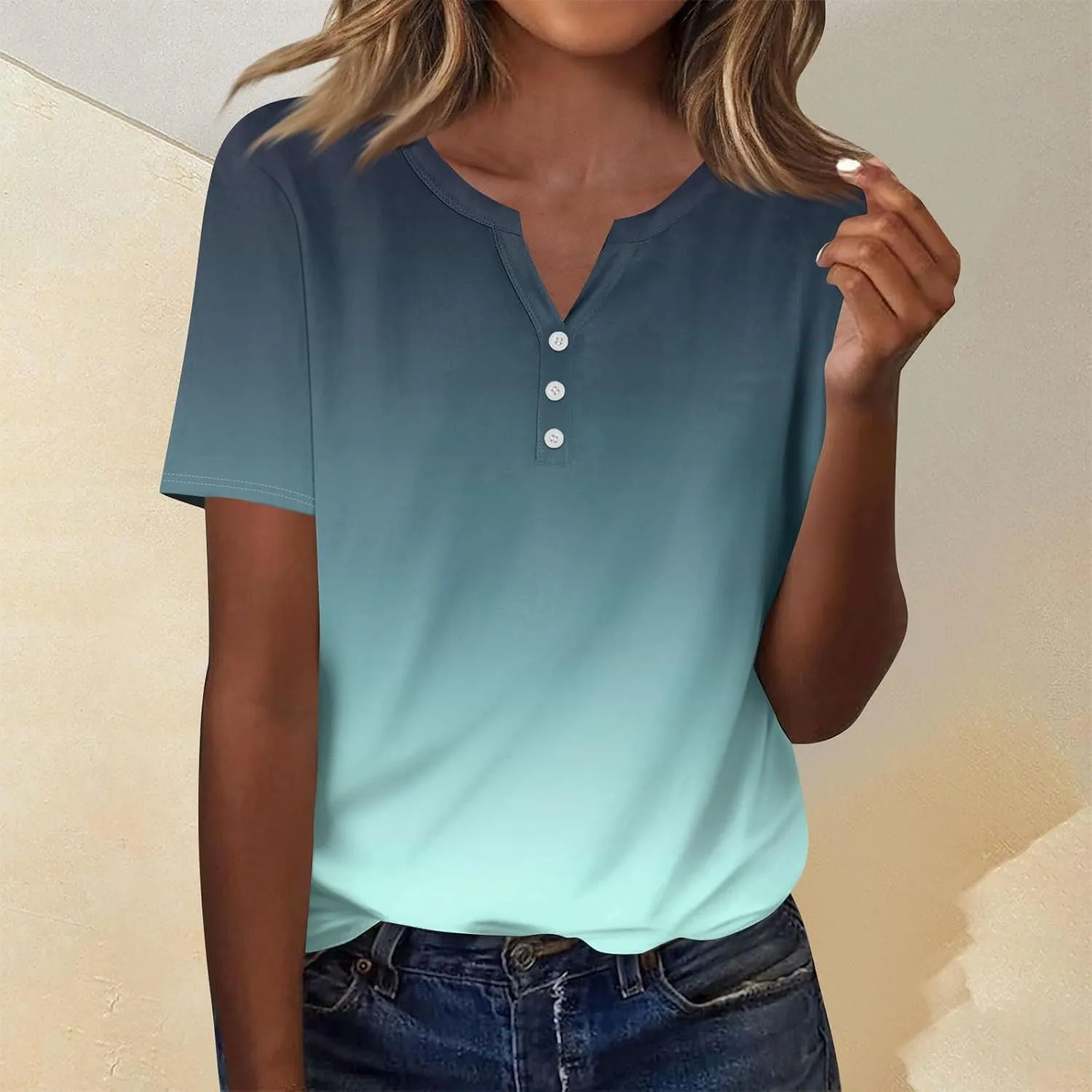 Summer Tops for Women 2025 Trendy Plain V Neck Button Down Tshirts Casual Floral Tropical Empire Waist Short Sleeve Shirts