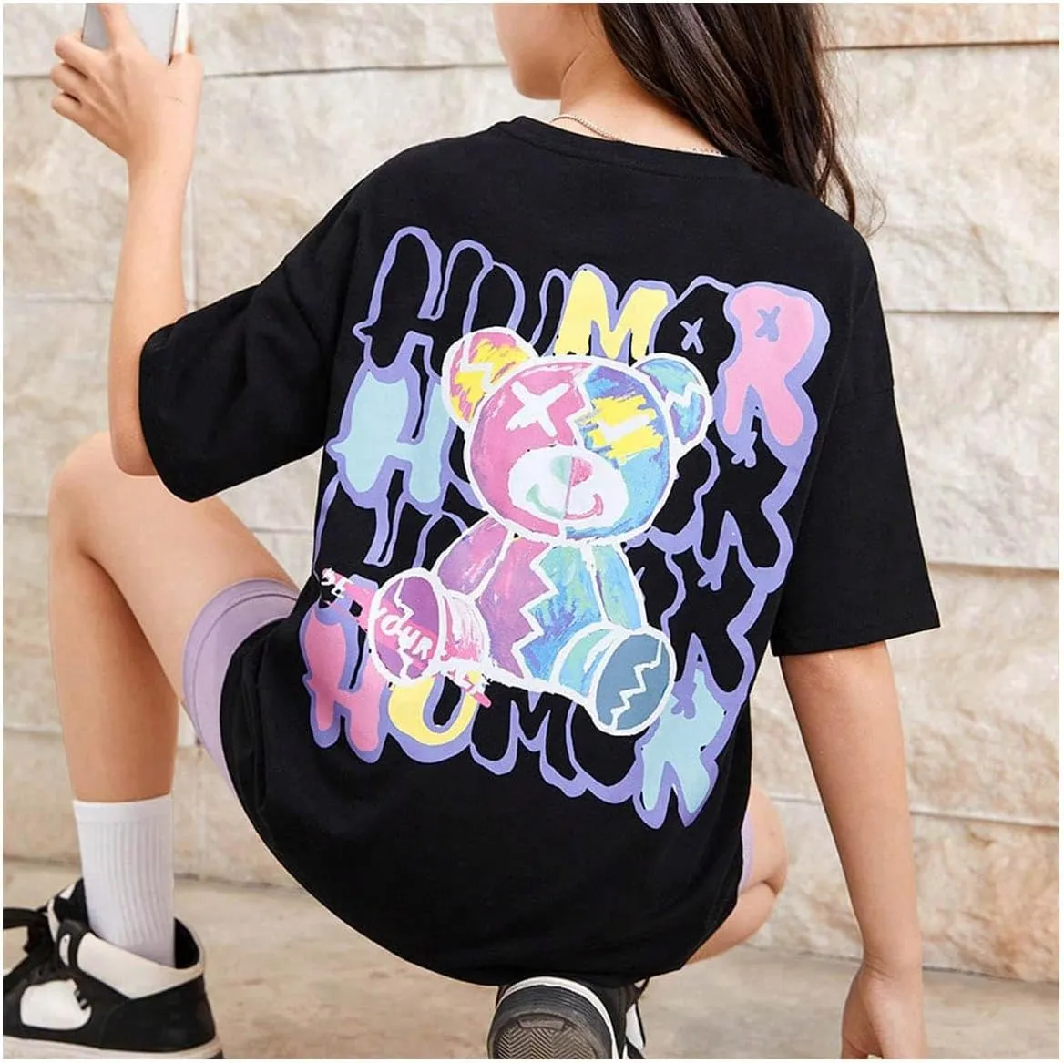 SweatyRocks Girl's Letter Graphic Print Half Sleeve T Shirt Round Neck Drop Shoulder Oversized Tees