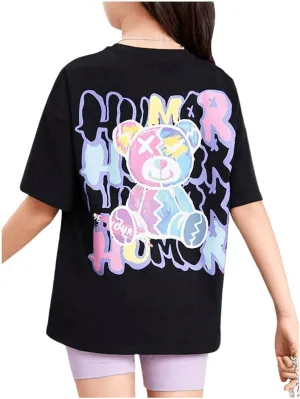 SweatyRocks Girl's Letter Graphic Print Half Sleeve T Shirt Round Neck Drop Shoulder Oversized Tees