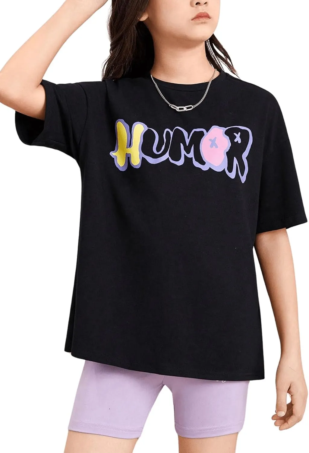 SweatyRocks Girl's Letter Graphic Print Half Sleeve T Shirt Round Neck Drop Shoulder Oversized Tees