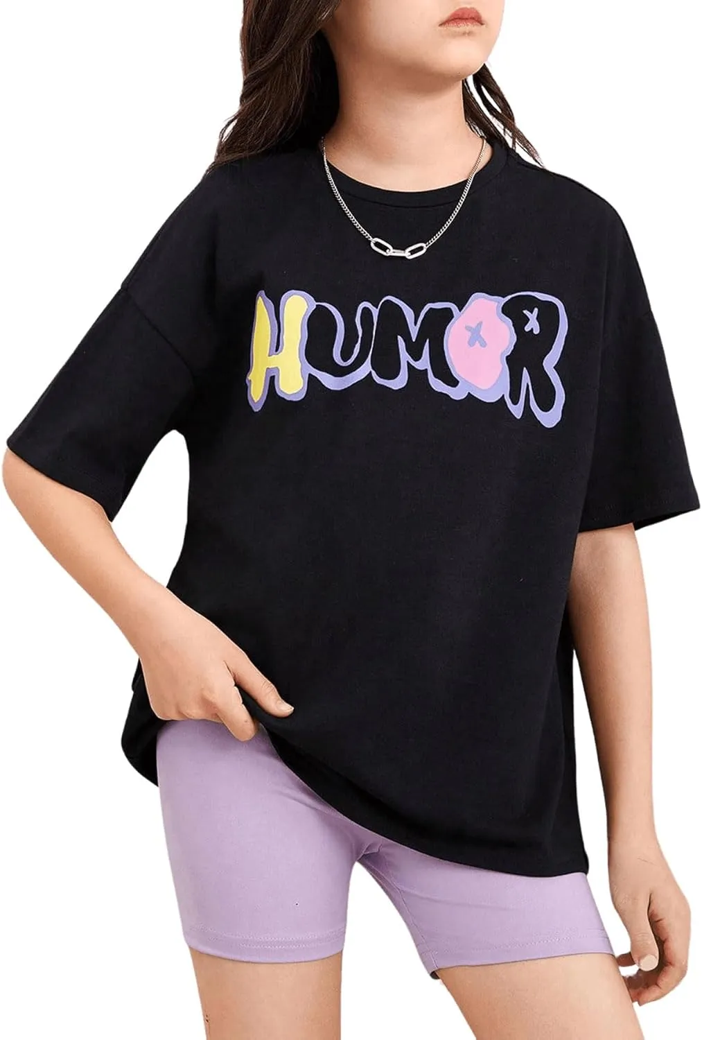 SweatyRocks Girl's Letter Graphic Print Half Sleeve T Shirt Round Neck Drop Shoulder Oversized Tees