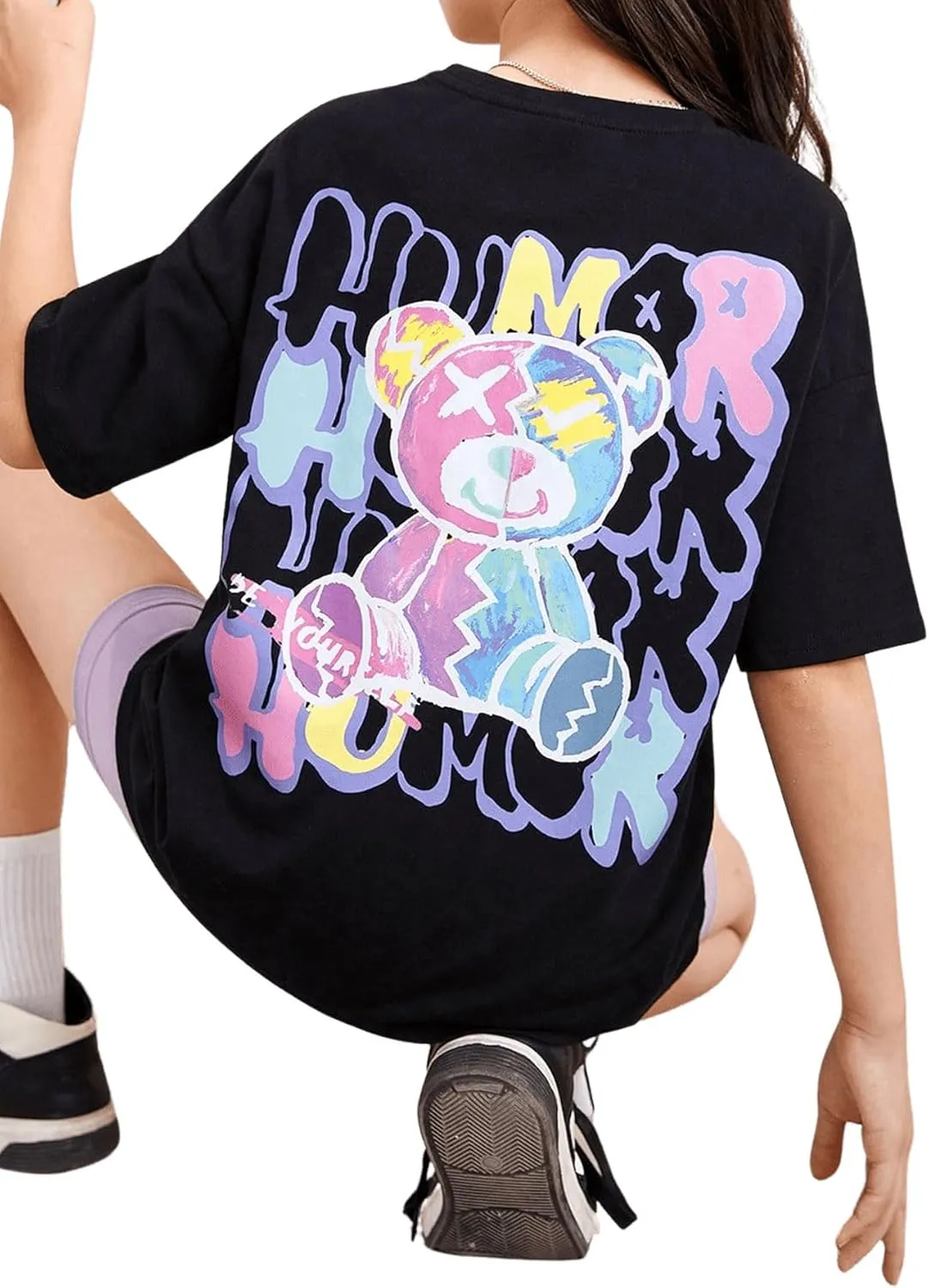 SweatyRocks Girl's Letter Graphic Print Half Sleeve T Shirt Round Neck Drop Shoulder Oversized Tees