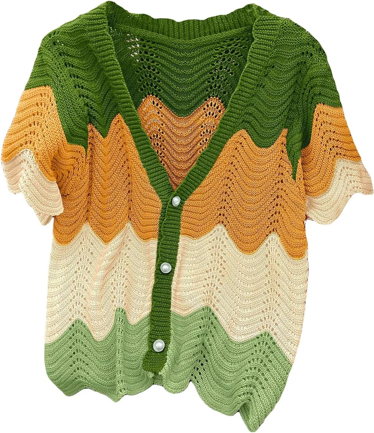 SweatyRocks Women's Plus Size Color Block V Neck Short Sleeve Hollow Out Knit Shirts Tops Button Down Cardigan Sweaters