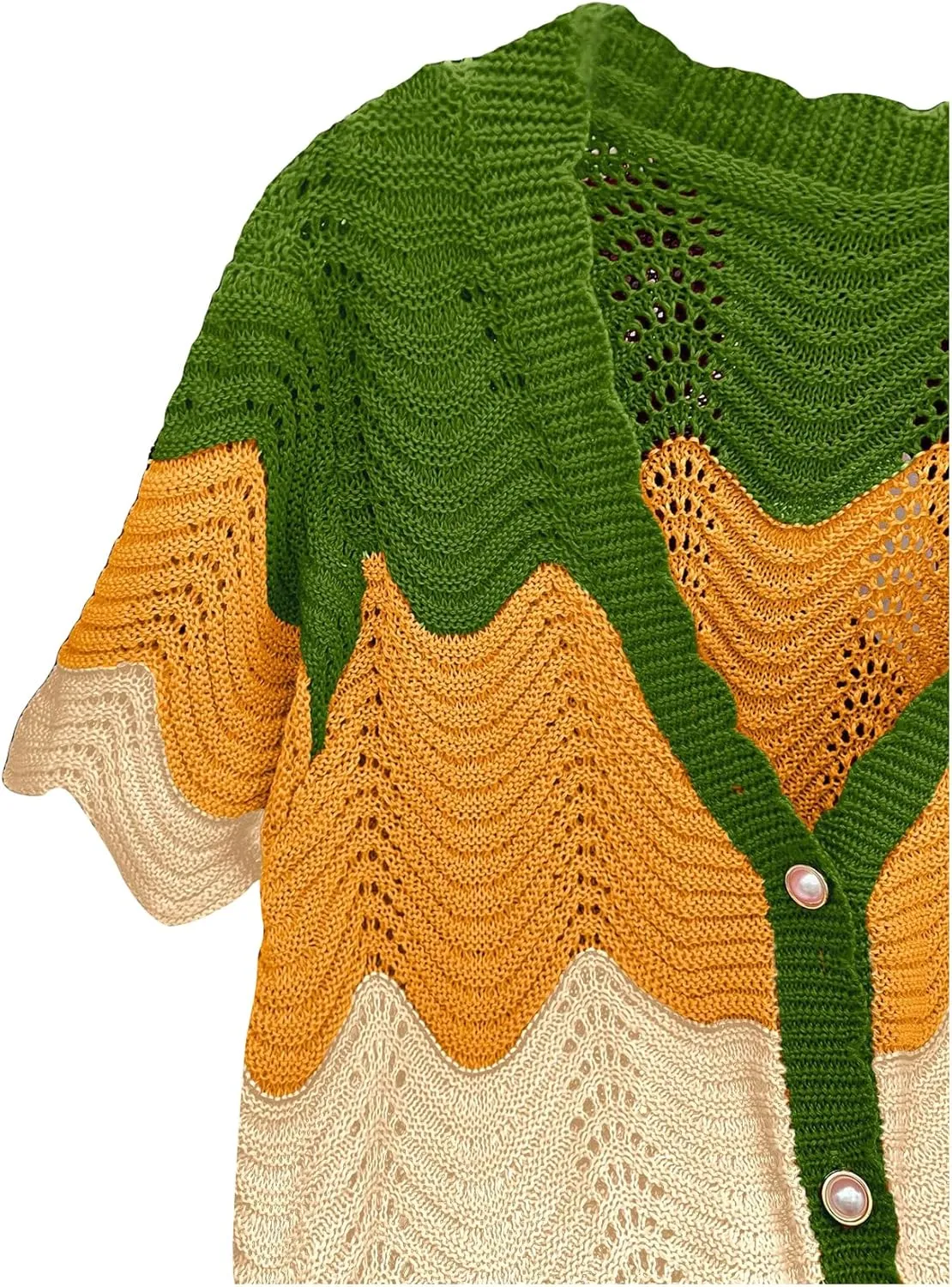 SweatyRocks Women's Plus Size Color Block V Neck Short Sleeve Hollow Out Knit Shirts Tops Button Down Cardigan Sweaters