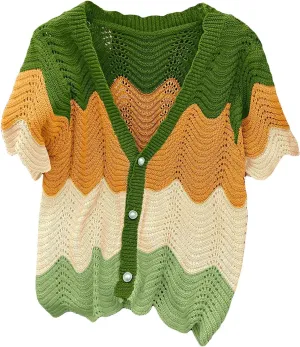 SweatyRocks Women's Plus Size Color Block V Neck Short Sleeve Hollow Out Knit Shirts Tops Button Down Cardigan Sweaters