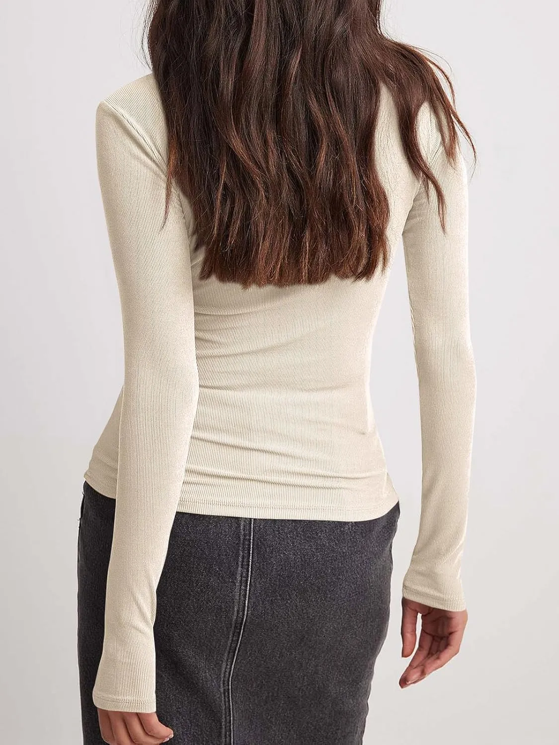 Tankaneo Womens Long Sleeve Polo Shirts V Neck Collared Work Shirt Slim Fit Ribbed Knit Basic Going Out Fall Tops