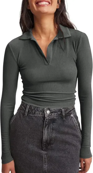 Tankaneo Womens Long Sleeve Polo Shirts V Neck Collared Work Shirt Slim Fit Ribbed Knit Basic Going Out Fall Tops