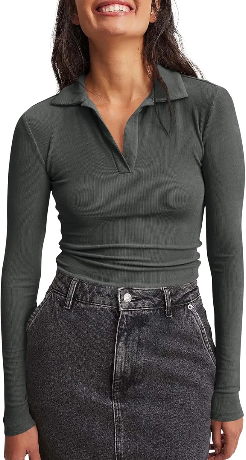 Tankaneo Womens Long Sleeve Polo Shirts V Neck Collared Work Shirt Slim Fit Ribbed Knit Basic Going Out Fall Tops