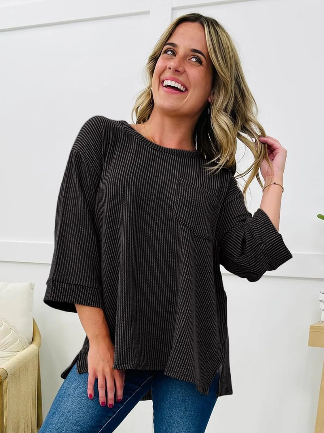 Tankaneo Womens Oversized 3/4 Bell Sleeve Tops Summer Casual Textured Knit T-Shirts Loose Fit Crewneck Blouse Tees Shirts
