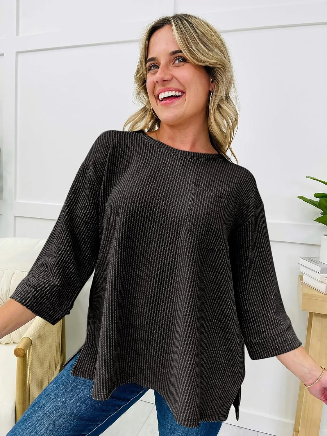 Tankaneo Womens Oversized 3/4 Bell Sleeve Tops Summer Casual Textured Knit T-Shirts Loose Fit Crewneck Blouse Tees Shirts