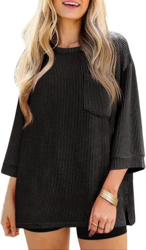 Tankaneo Womens Oversized 3/4 Bell Sleeve Tops Summer Casual Textured Knit T-Shirts Loose Fit Crewneck Blouse Tees Shirts