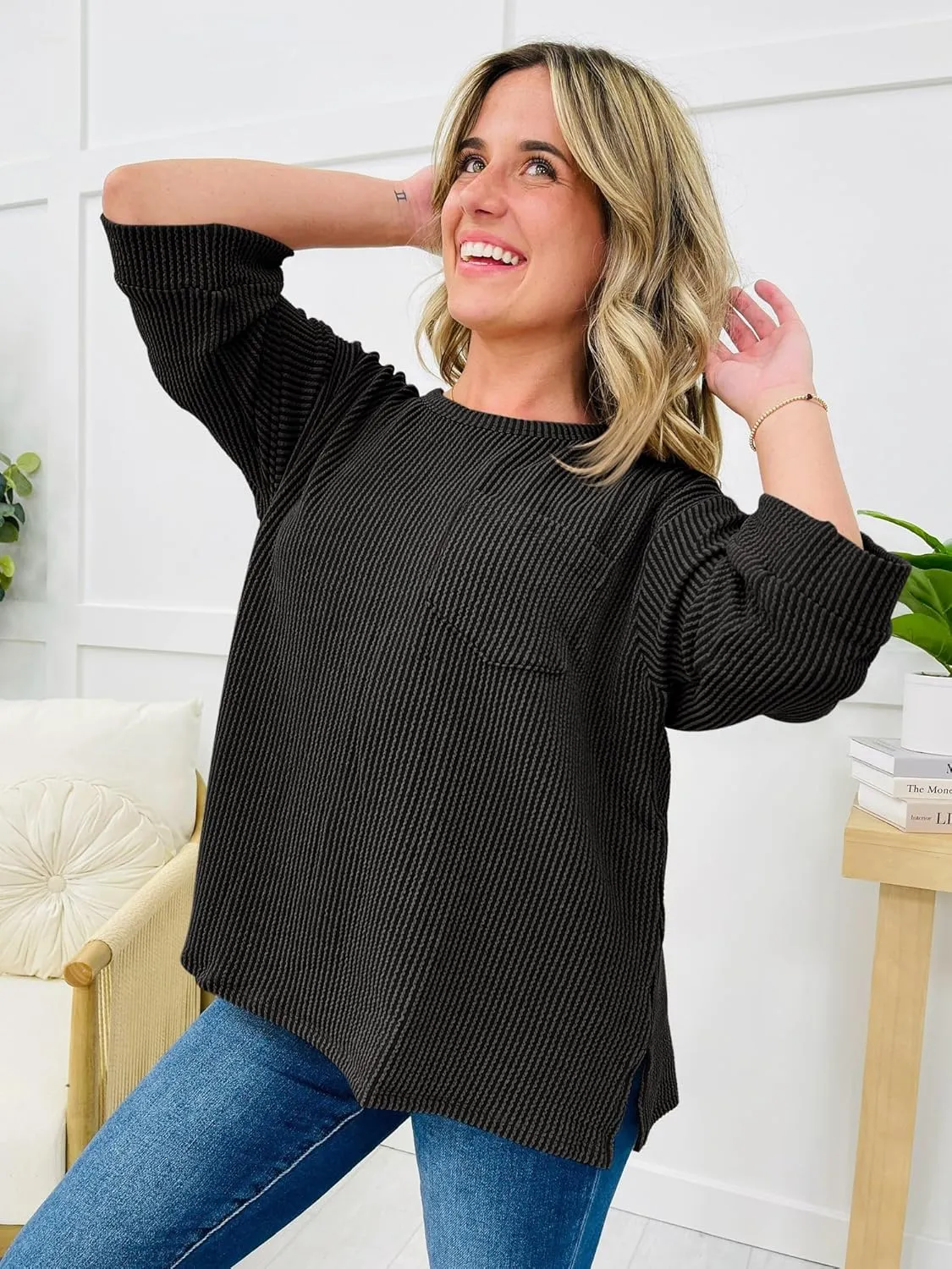 Tankaneo Womens Oversized 3/4 Bell Sleeve Tops Summer Casual Textured Knit T-Shirts Loose Fit Crewneck Blouse Tees Shirts