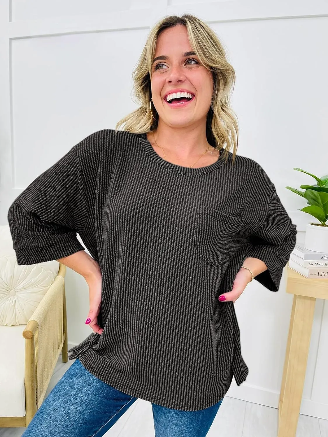 Tankaneo Womens Oversized 3/4 Bell Sleeve Tops Summer Casual Textured Knit T-Shirts Loose Fit Crewneck Blouse Tees Shirts