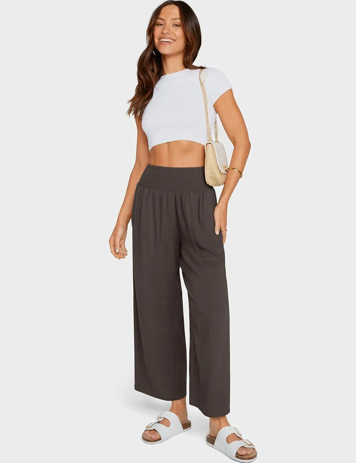 TARSE Women Linen Pants Wide Leg Elastic High Waisted Palazzo Trousers Casual Loose Beach Vacation Clothes with Pockets
