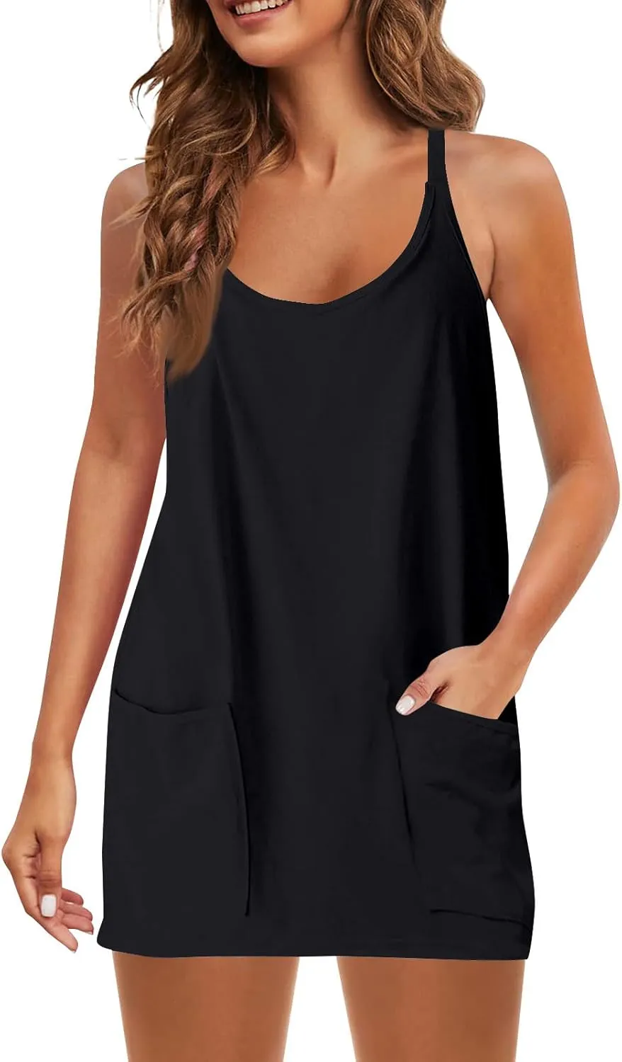 Tennis Summer Dress for Women Casual Sleeveless Spaghetti Strap with Pockets Sundress Workout Mini Tennis Athletic Golf Dress