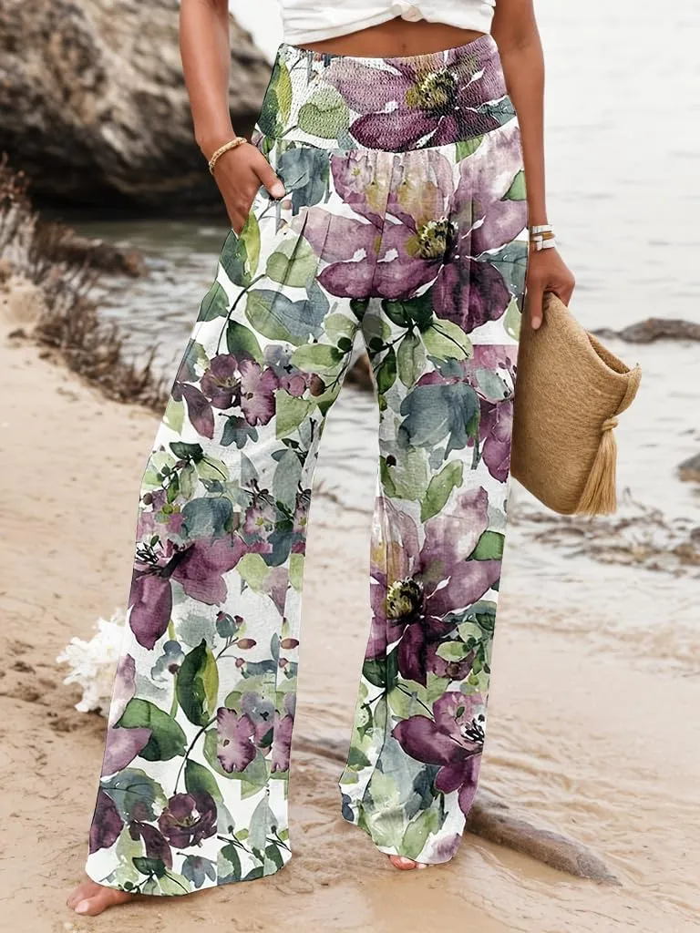 TIAFORD Wide Leg Palazzo Pants for Women Floral Printed Elastic High Waist Linen Pants Flowy Beach Trousers with Pocket