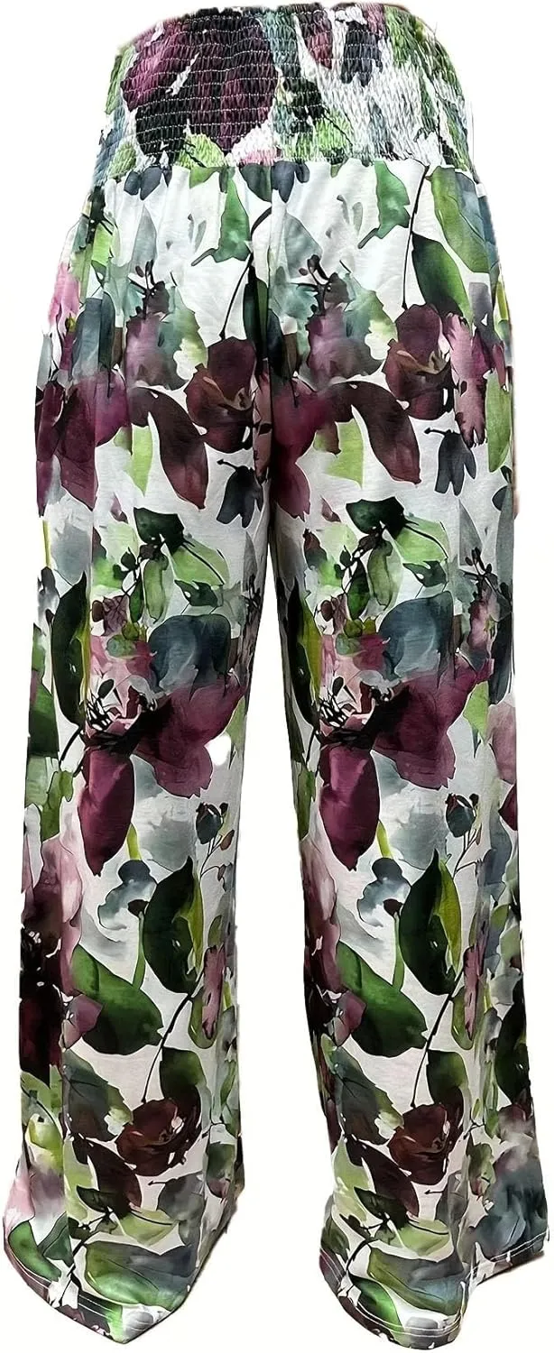 TIAFORD Wide Leg Palazzo Pants for Women Floral Printed Elastic High Waist Linen Pants Flowy Beach Trousers with Pocket