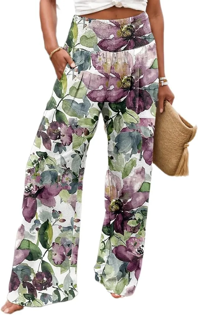 TIAFORD Wide Leg Palazzo Pants for Women Floral Printed Elastic High Waist Linen Pants Flowy Beach Trousers with Pocket