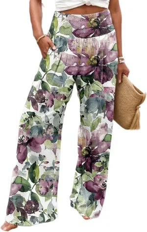 TIAFORD Wide Leg Palazzo Pants for Women Floral Printed Elastic High Waist Linen Pants Flowy Beach Trousers with Pocket
