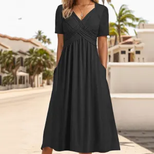 TIAFORD Women's Boho Floal Print Casual Short Sleeve Dress Twist Front Wrap V Neck Pleated A-line Midi Dress with Pockets