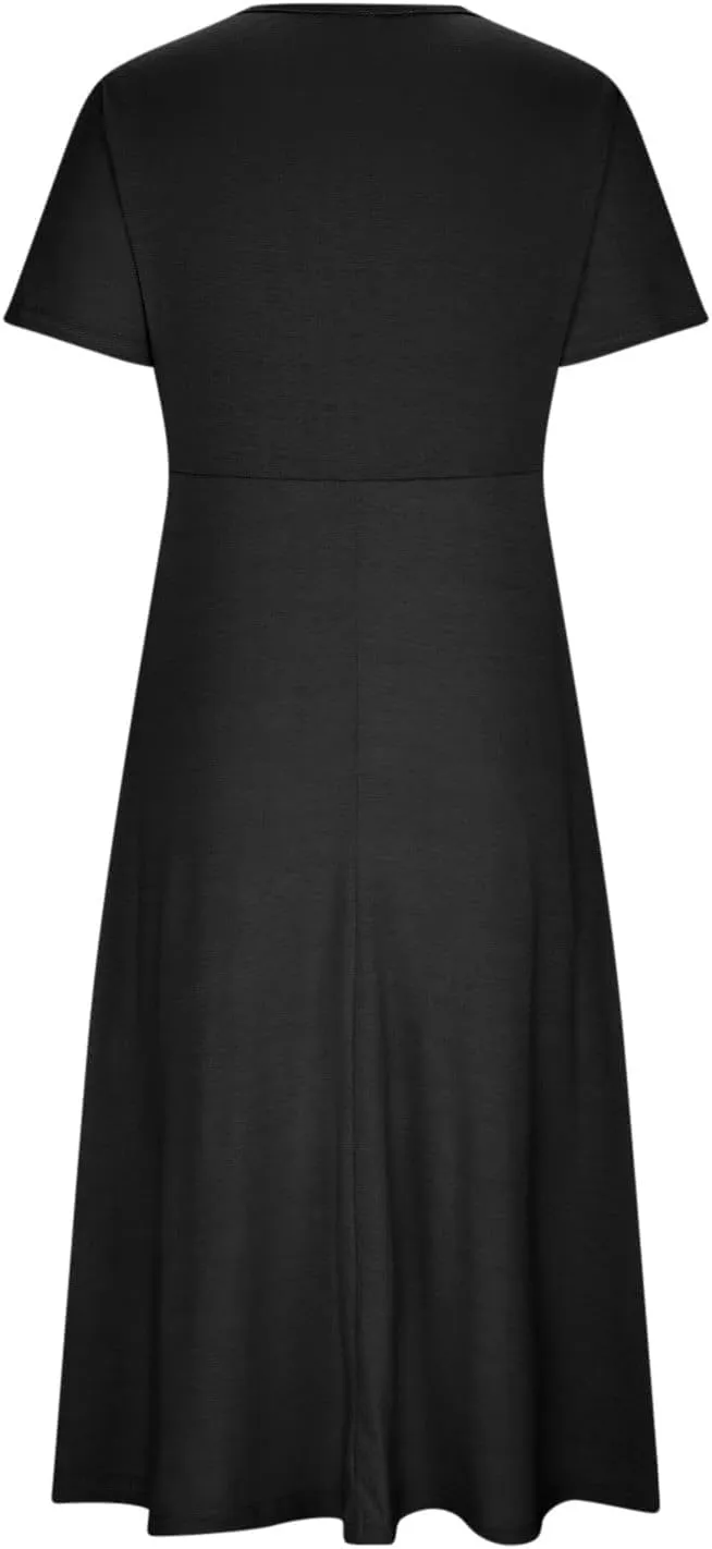 TIAFORD Women's Boho Floal Print Casual Short Sleeve Dress Twist Front Wrap V Neck Pleated A-line Midi Dress with Pockets