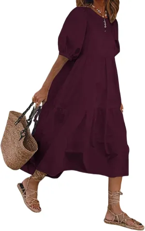 TIAFORD Women's Linen Puff Short Sleeve Crewneck Tiered Maxi Dress Summer Casual Flowy Vacation Plus Size Dress