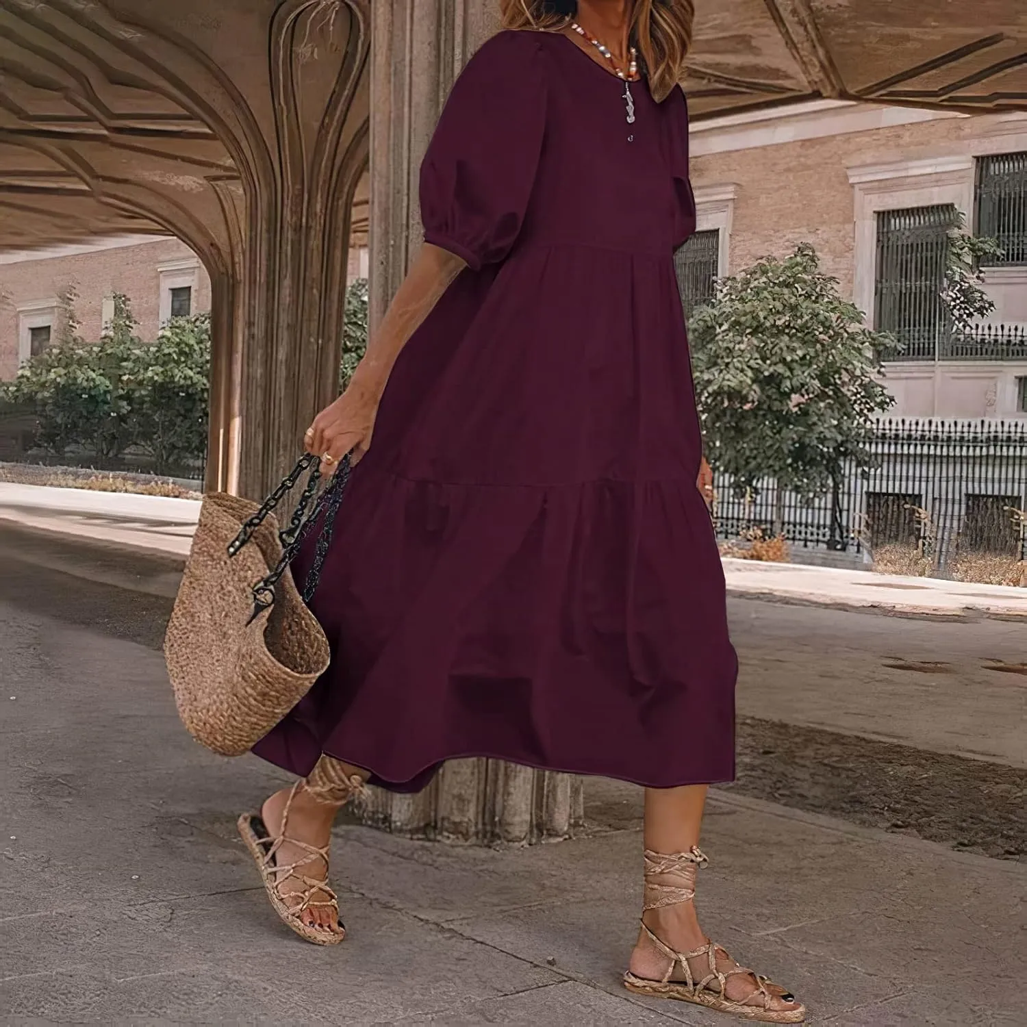 TIAFORD Women's Linen Puff Short Sleeve Crewneck Tiered Maxi Dress Summer Casual Flowy Vacation Plus Size Dress