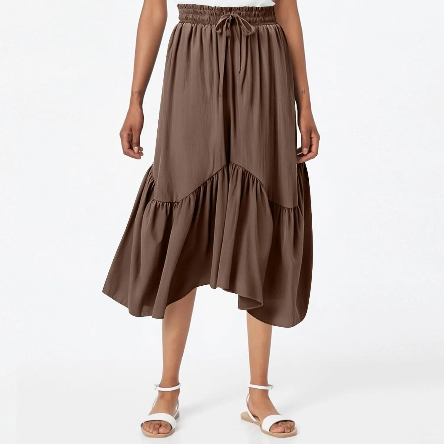 Tiered Maxi Skirts for Women Flowy Swing Elastic High Waisted Skirts Irregular Ruffle Hem Pleated Skirt with Pockets