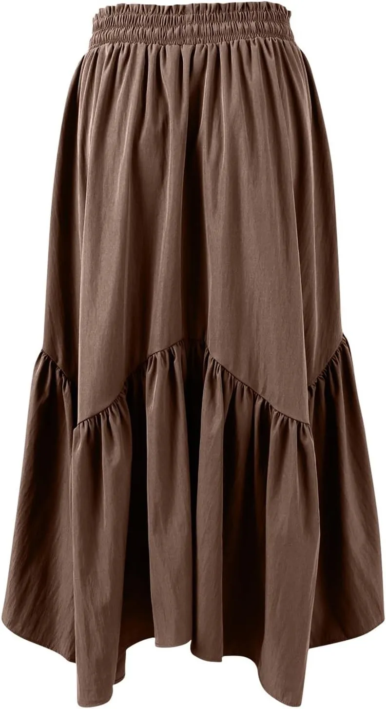 Tiered Maxi Skirts for Women Flowy Swing Elastic High Waisted Skirts Irregular Ruffle Hem Pleated Skirt with Pockets