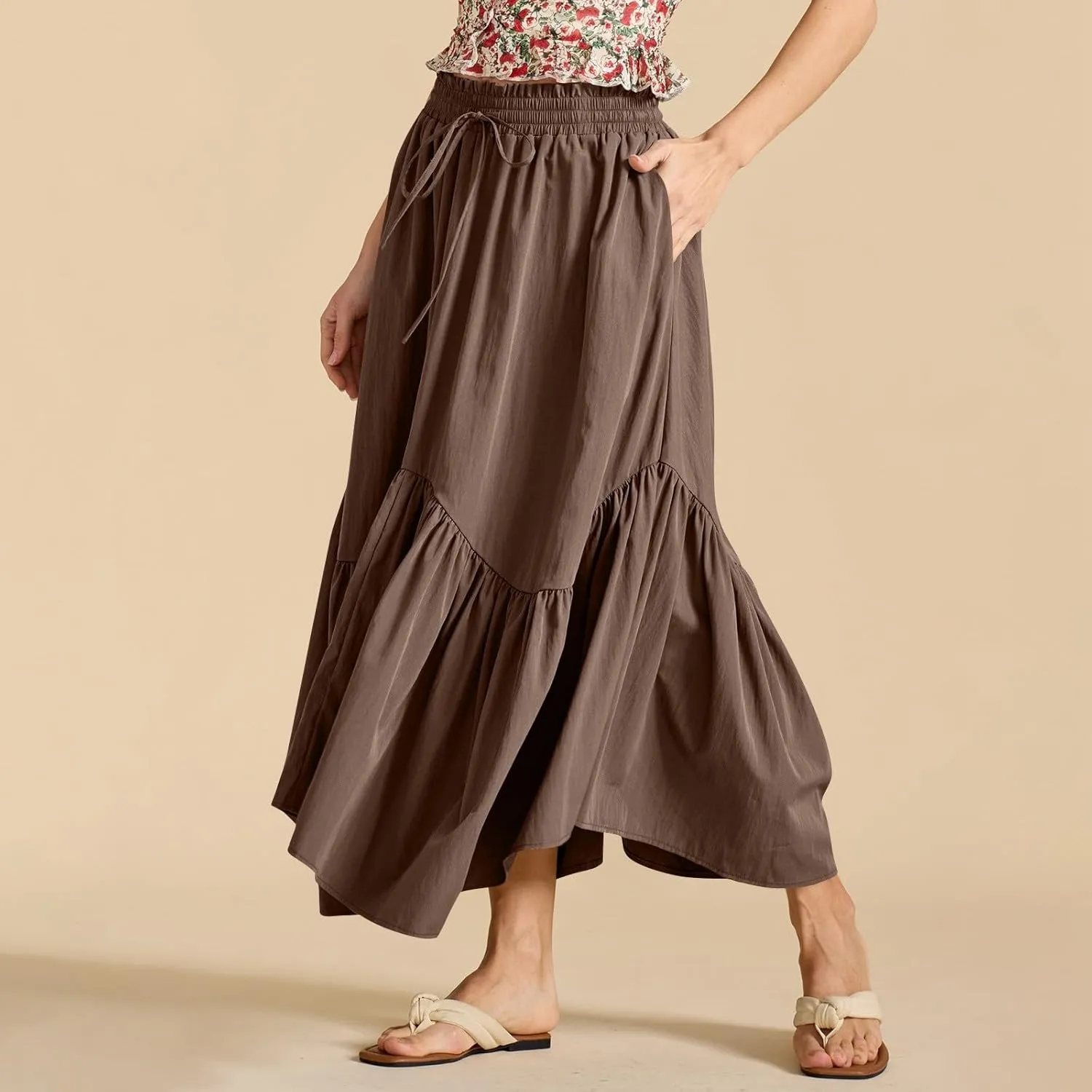 Tiered Maxi Skirts for Women Flowy Swing Elastic High Waisted Skirts Irregular Ruffle Hem Pleated Skirt with Pockets