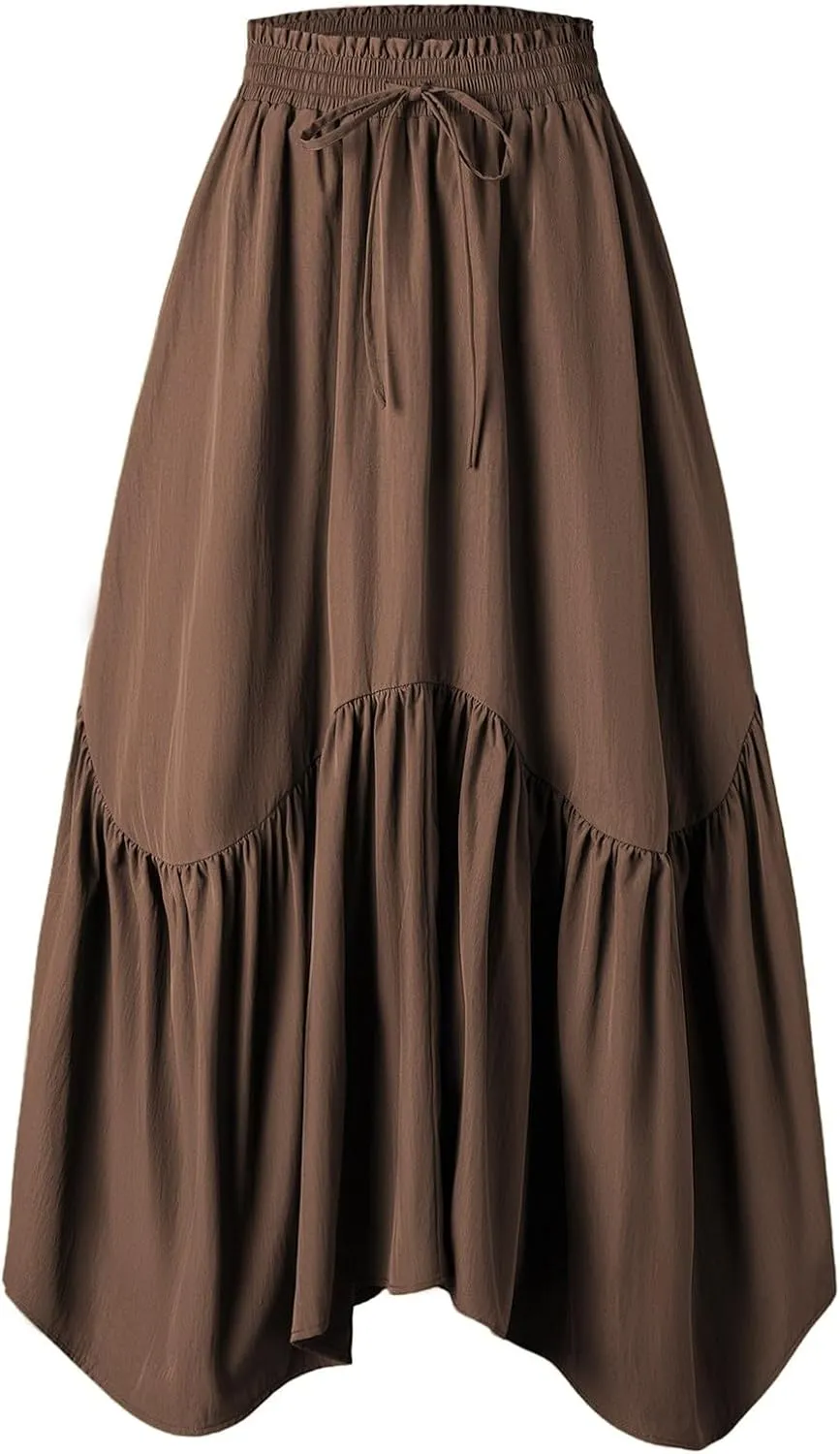 Tiered Maxi Skirts for Women Flowy Swing Elastic High Waisted Skirts Irregular Ruffle Hem Pleated Skirt with Pockets